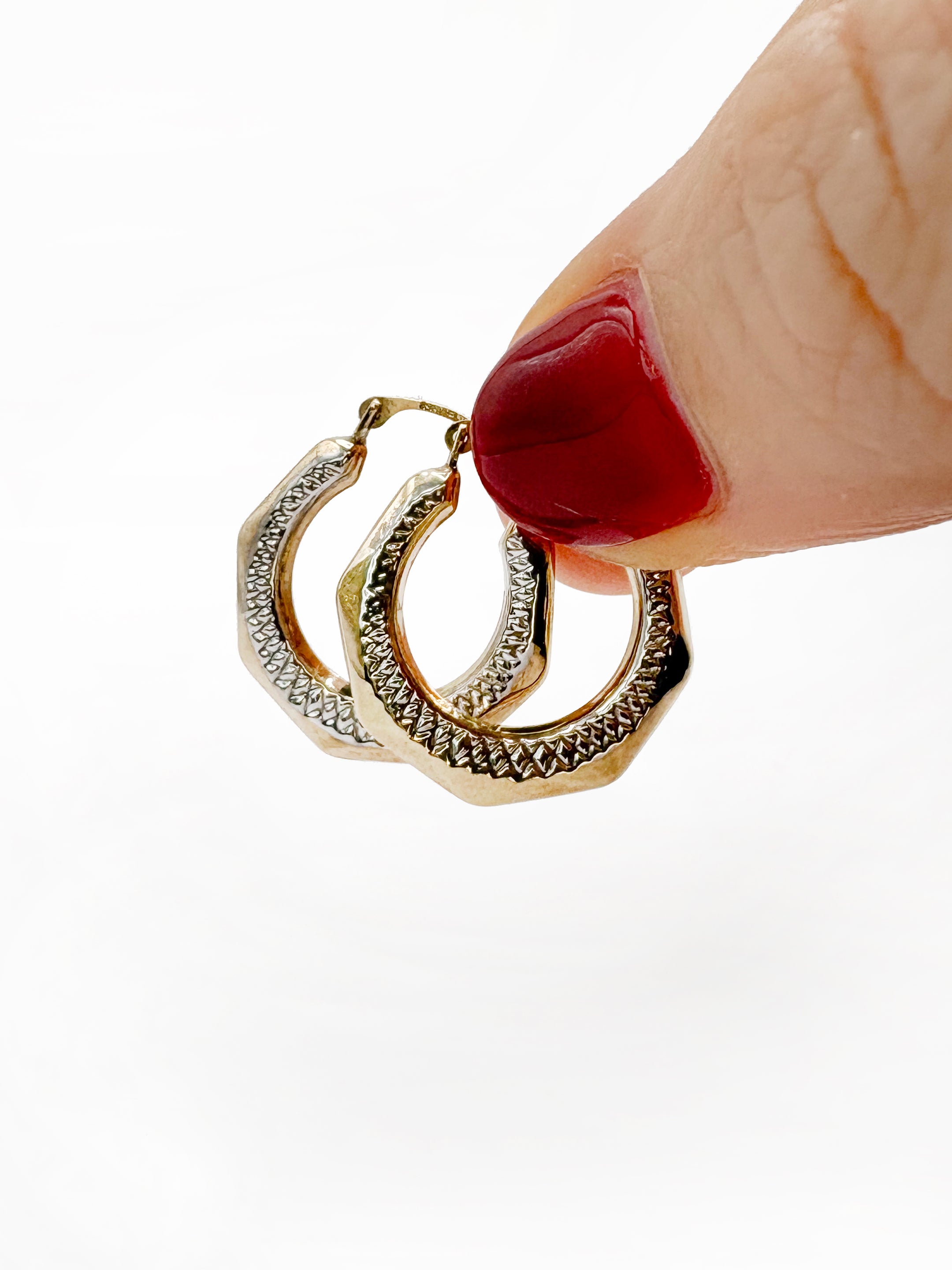 9ct White & Yellow Diamond Cut Hex Hoops