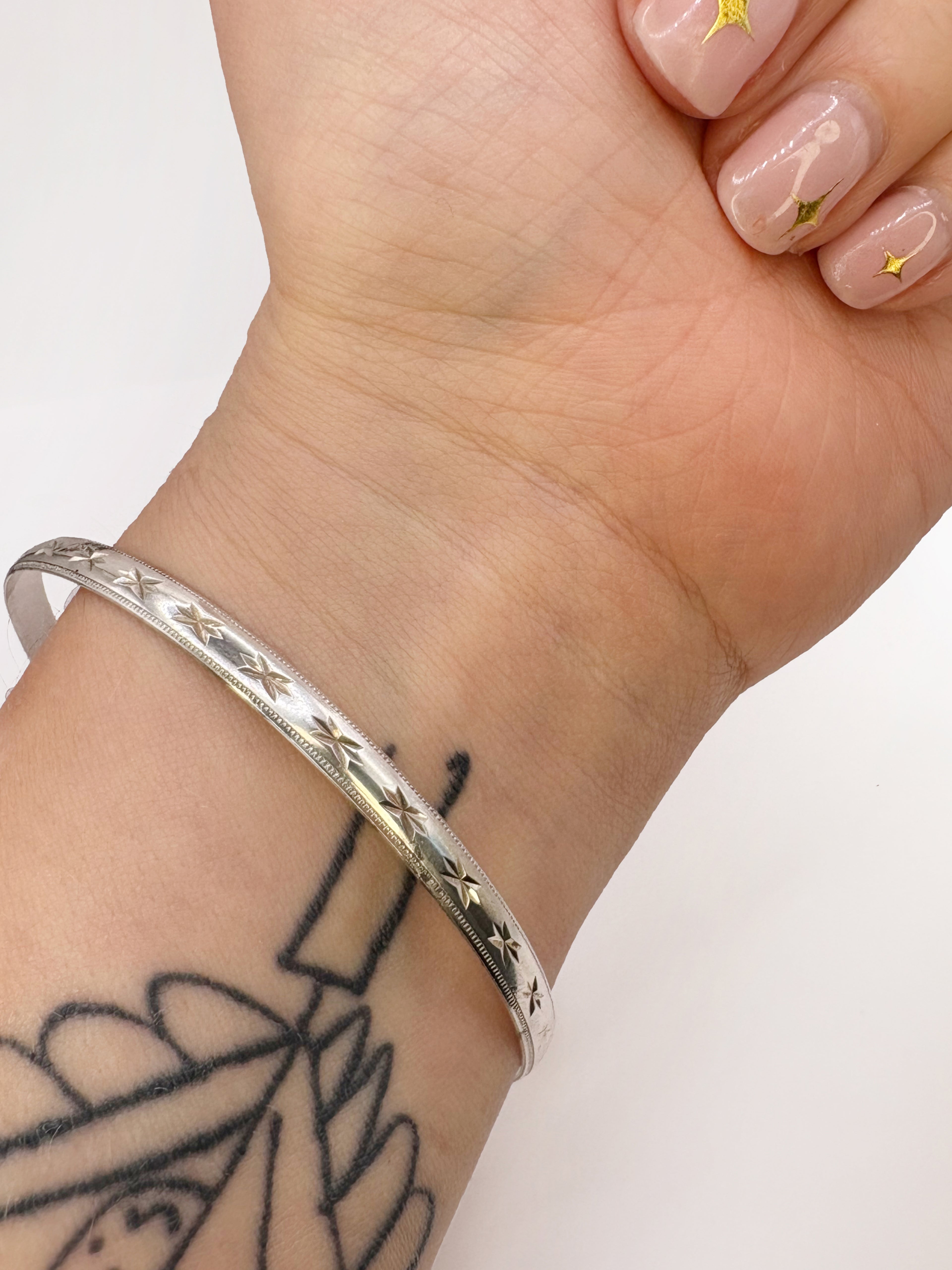Sterling Silver Diamond Cut Star Bangle
